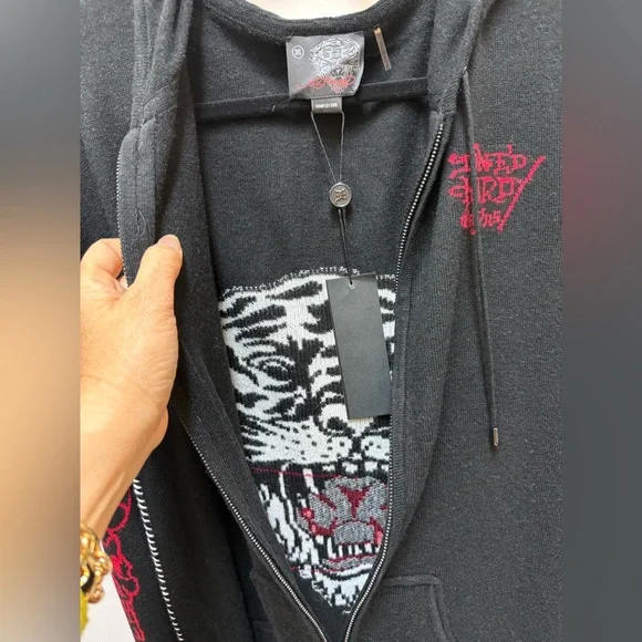 🔥 NWT! Ed Hardy Tiger Special Knit Full Zip Lightweight Sweater Hoodie